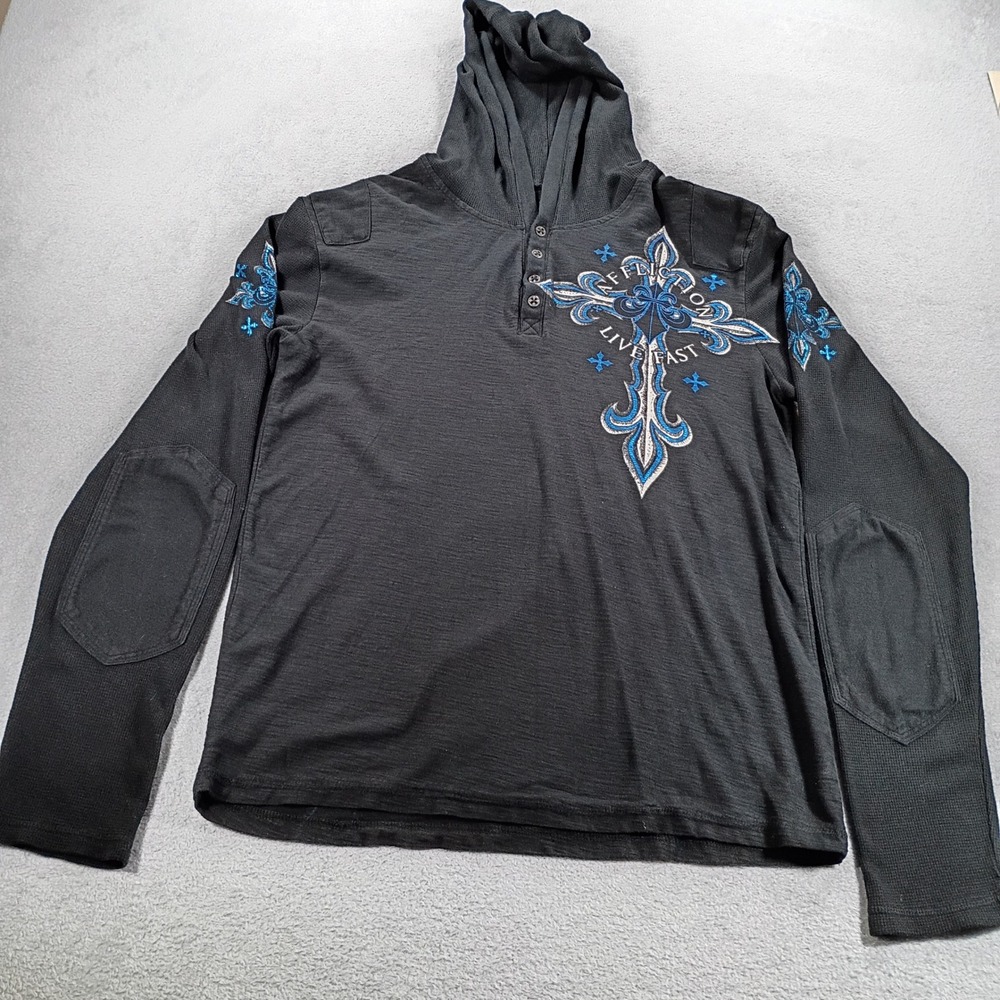 Affliction Mens Henley Hoodie Black Large Embroidered Live Fast Cross Thermal